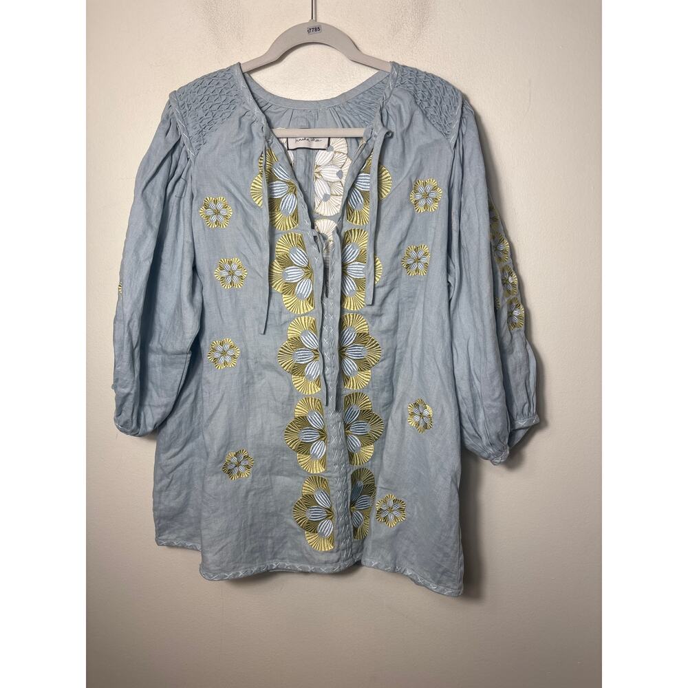 Innika Choo Blue and Green Embroidered Linen Mini Dress Sz One Size